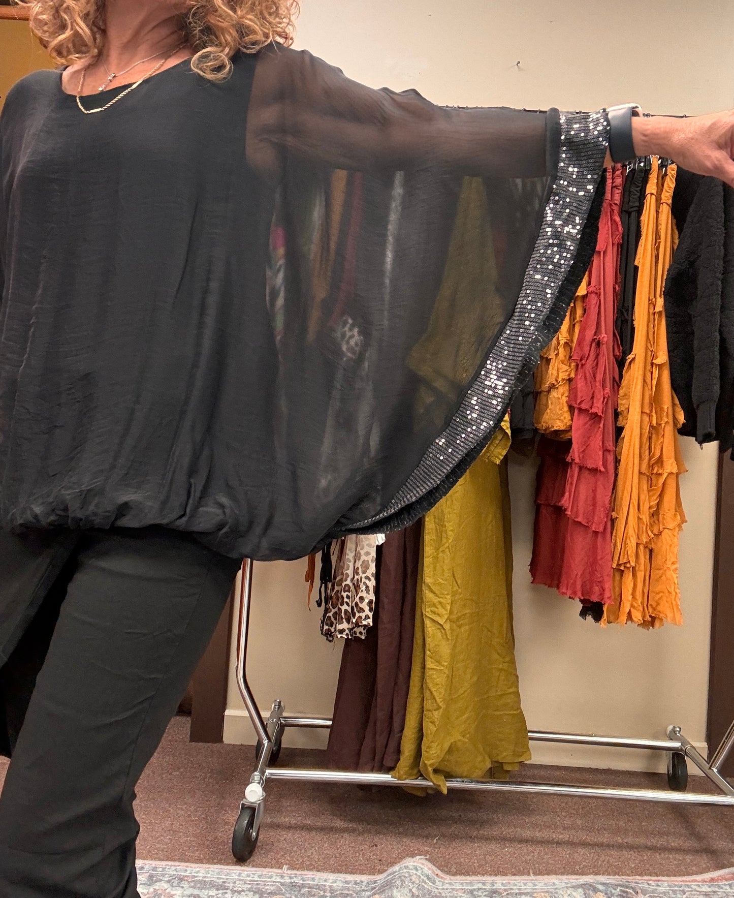 Italian, silk caftan top sequence sleeves.