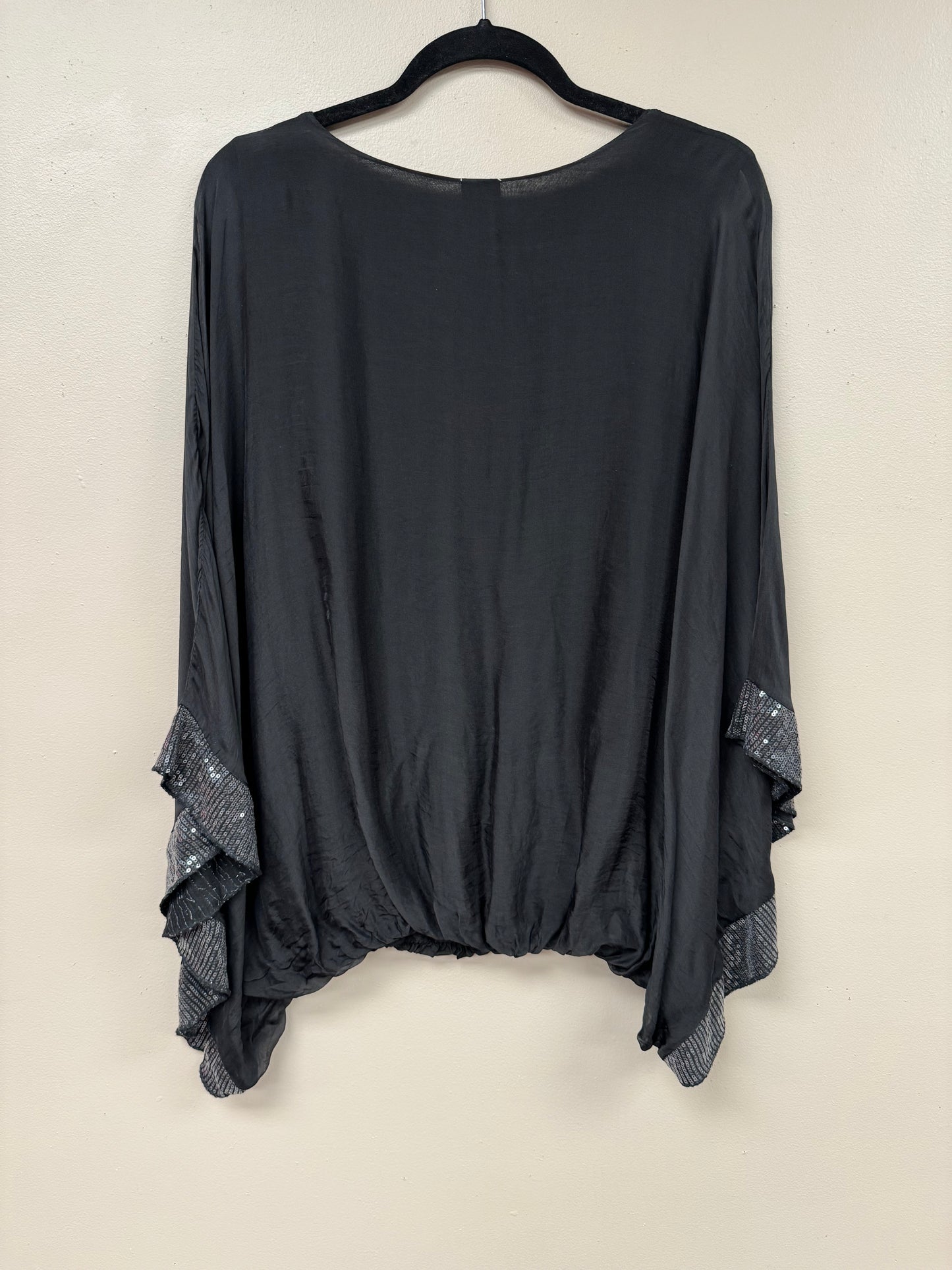Italian, silk caftan top sequence sleeves.