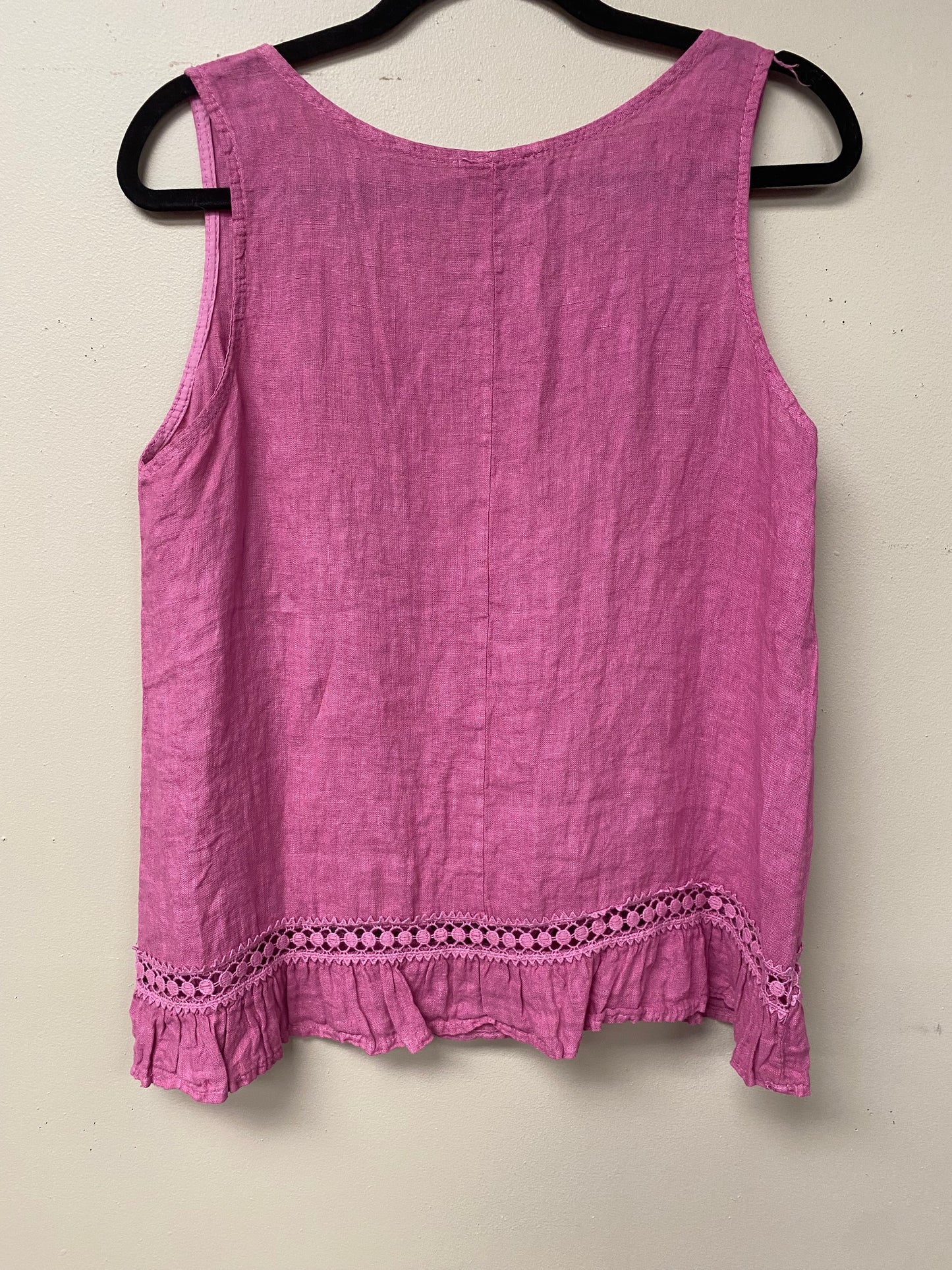 Italian linen with crocheted ribbon and ruffled hem.