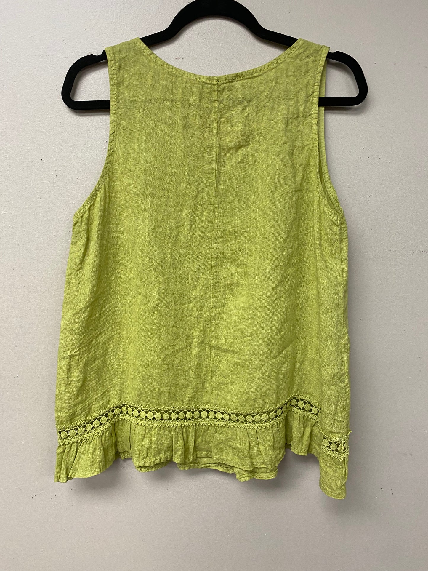 Italian linen with crocheted ribbon and ruffled hem.