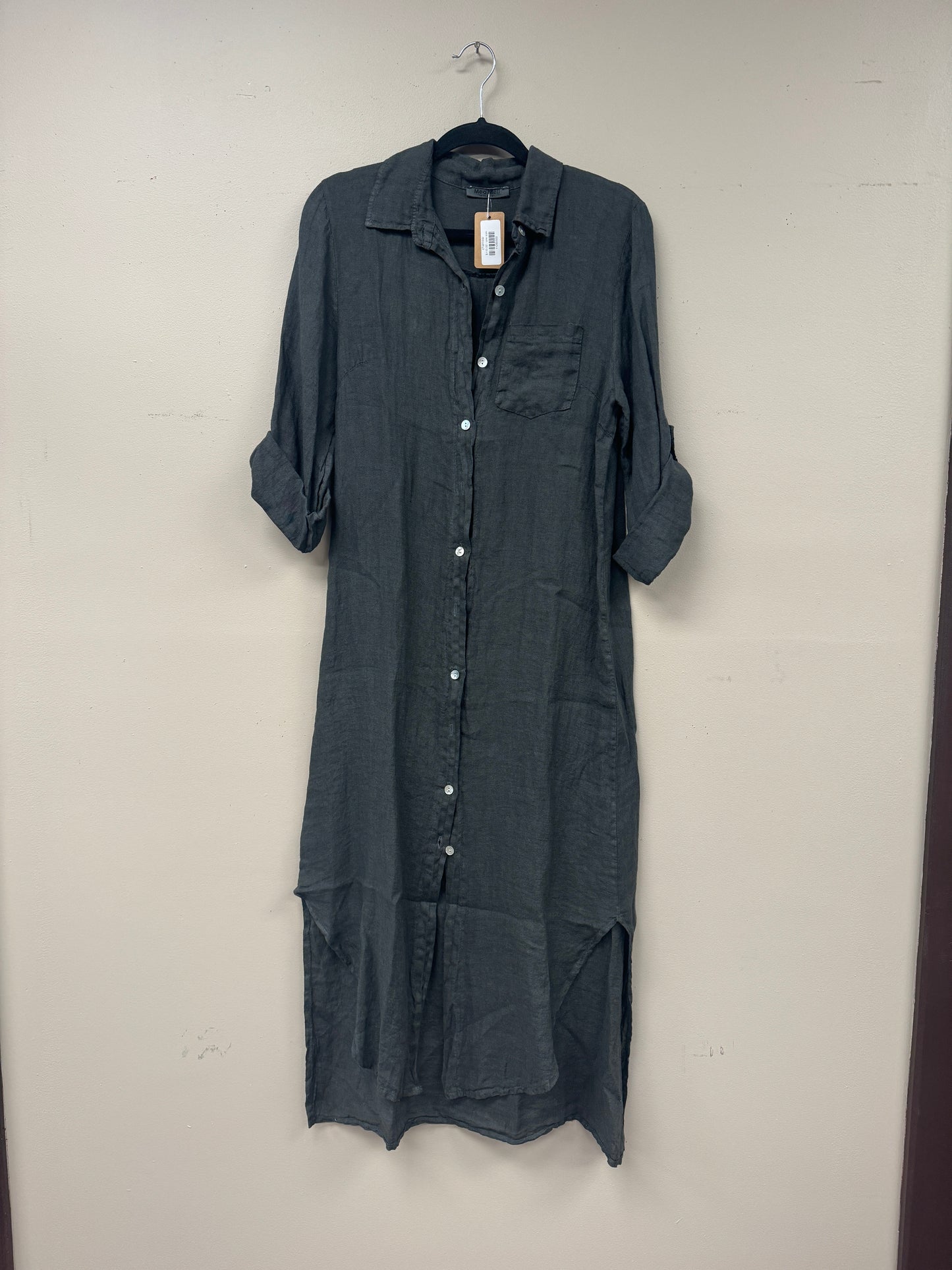 Italian linen long button down shirt dress.
