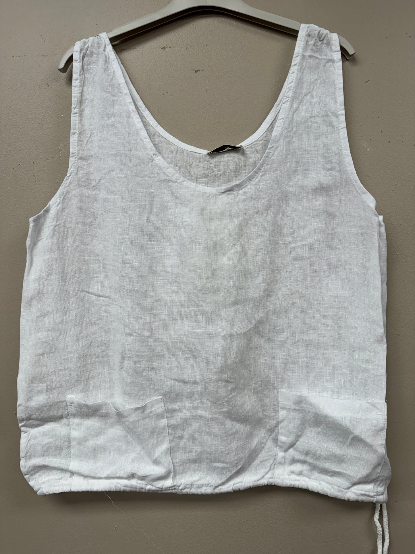 Two pocket drawstring Italian linen tank top.