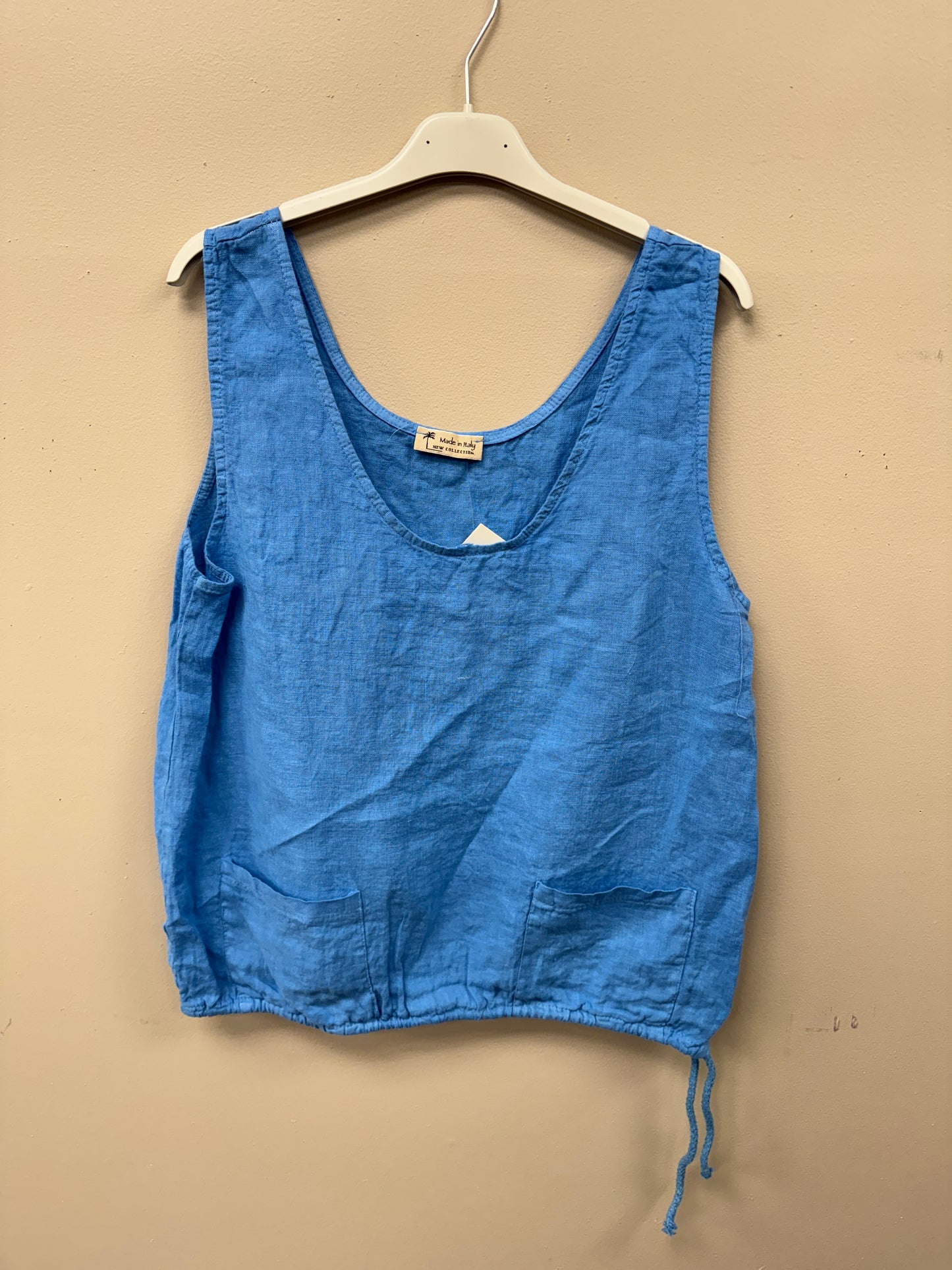 Two pocket drawstring Italian linen tank top.