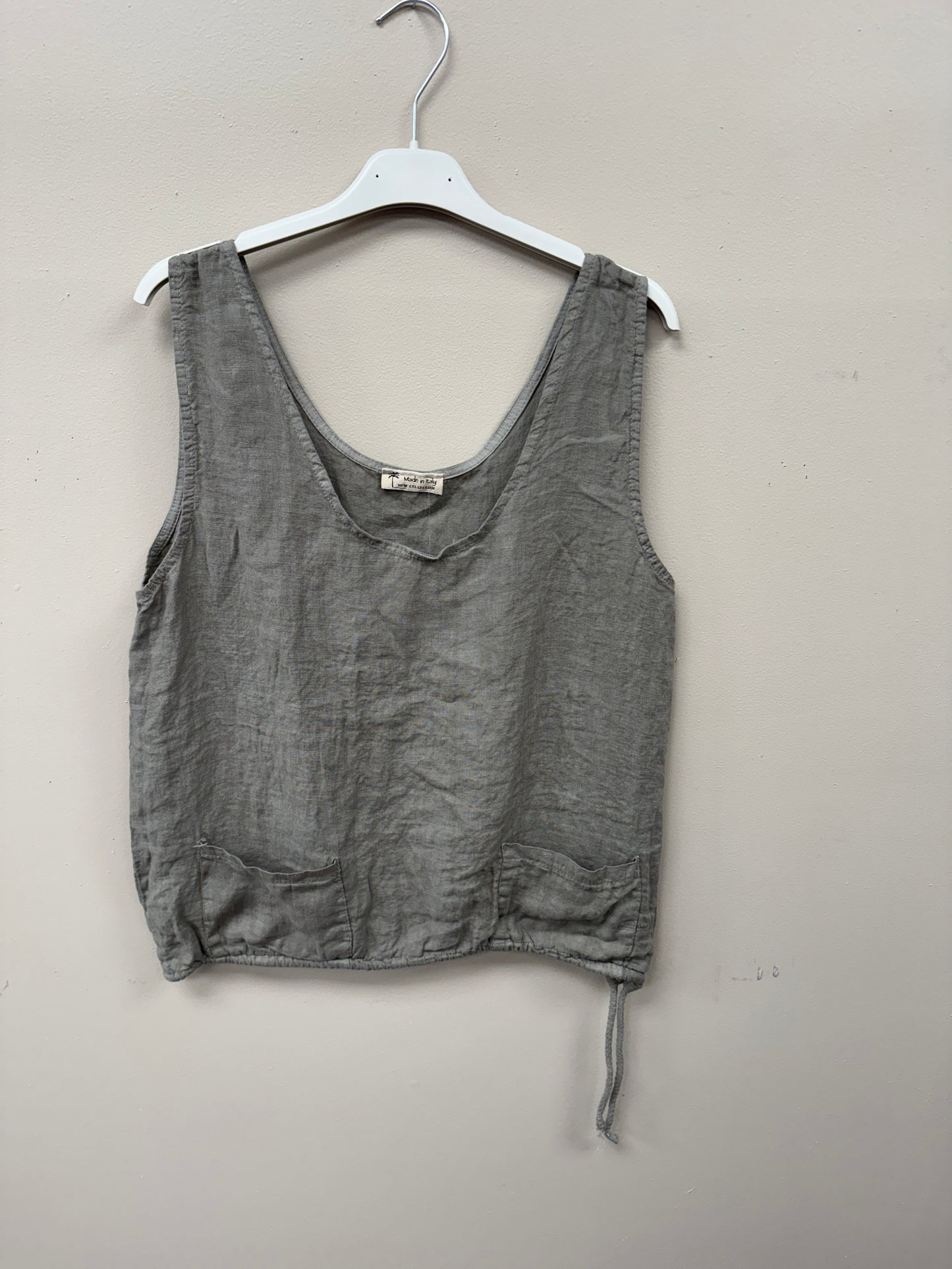 Two pocket drawstring Italian linen tank top.