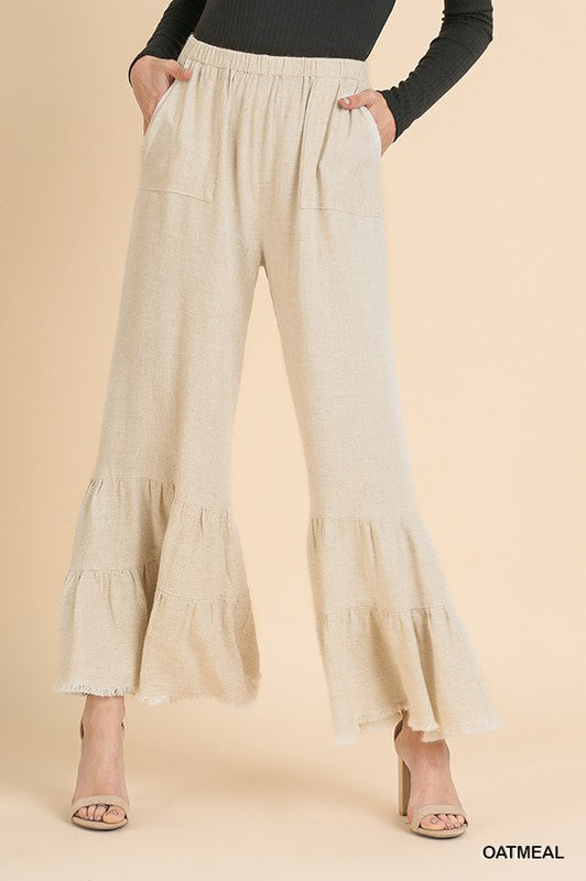 Linen Blend Wide Ruffle Leg Pants