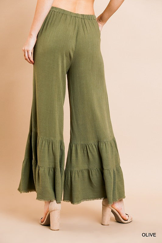 Linen Blend Wide Ruffle Leg Pants