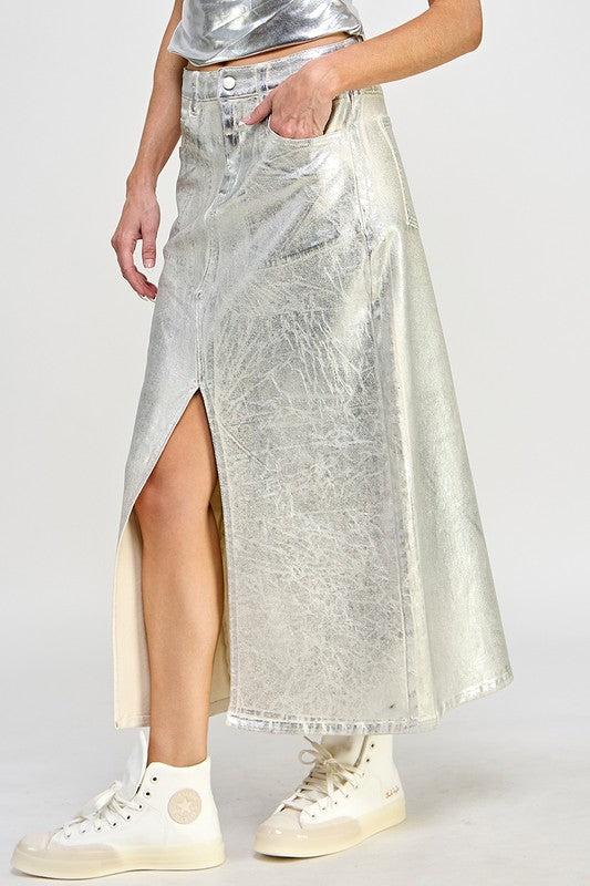 Front Slit Metallic Midi Skirt