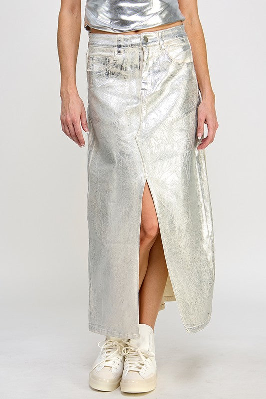 Front Slit Metallic Midi Skirt