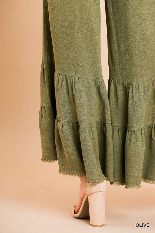 Linen Blend Wide Ruffle Leg Pants