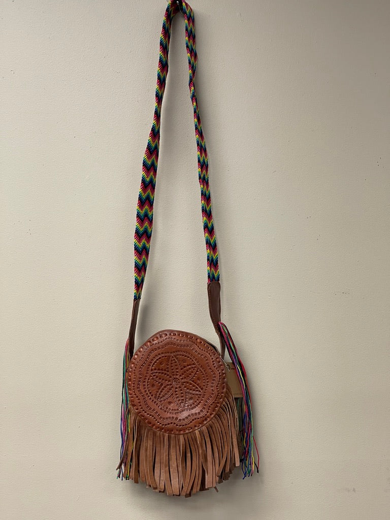 #4 Small Round Leather Bag with fringes.