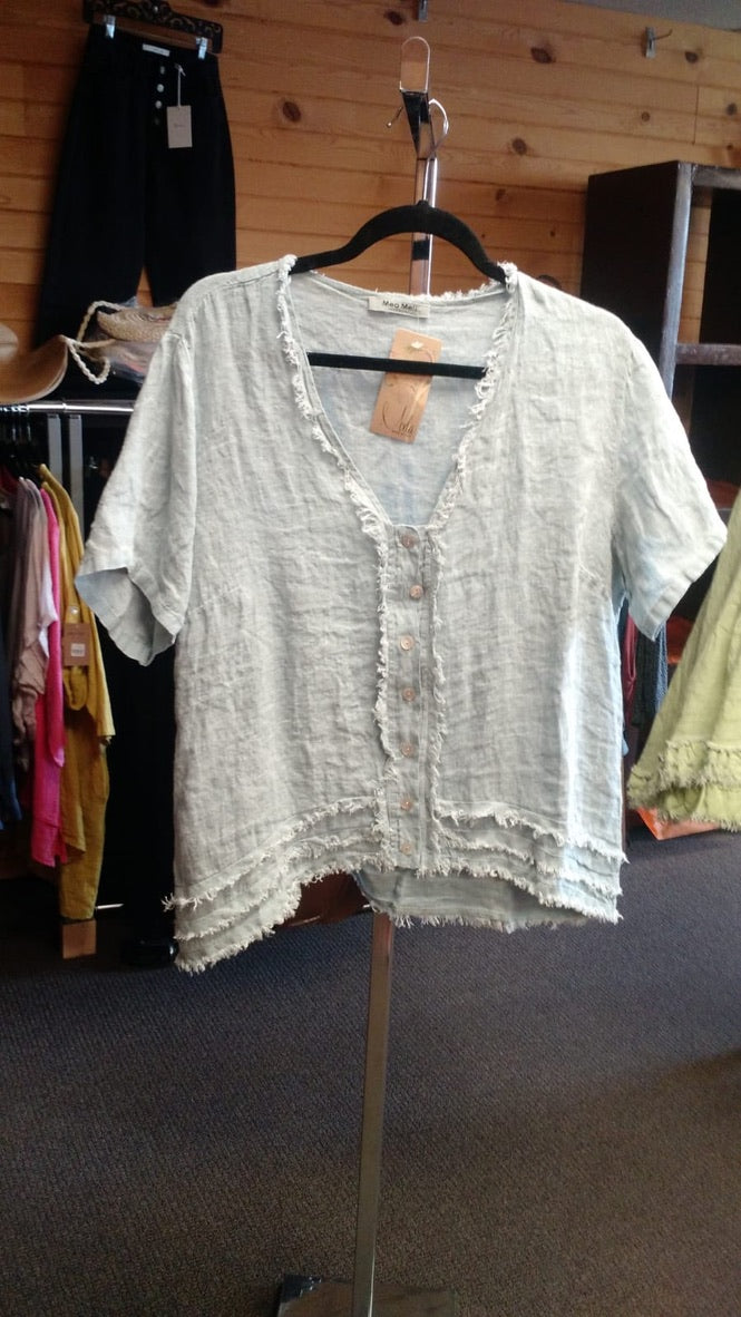 Linen Cotton Blend Distressed Hem Short Sleeve Top