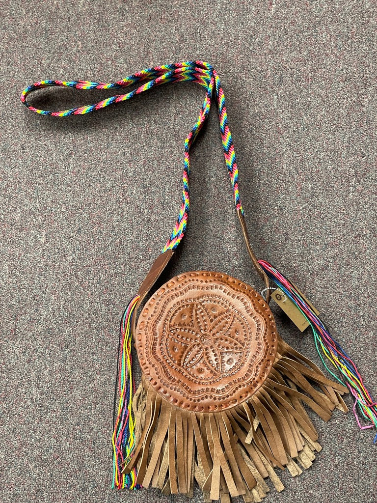 #4 Small Round Leather Bag with fringes.