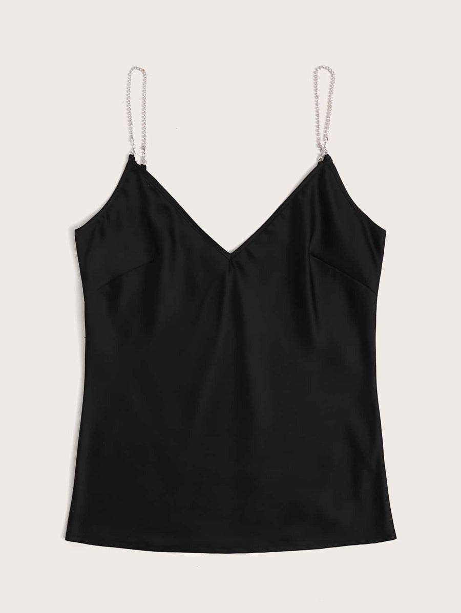 Silky Cami with Rhinestone straps detail.