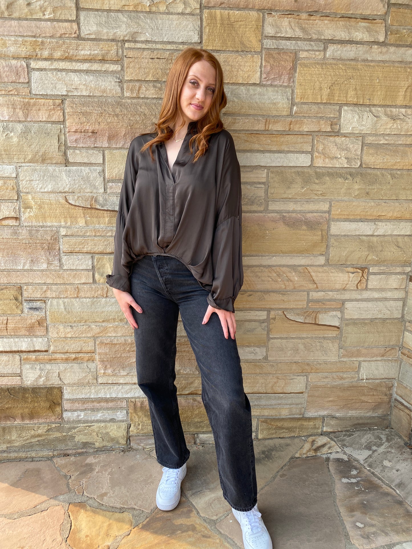 Italian Silky v neck high low top.