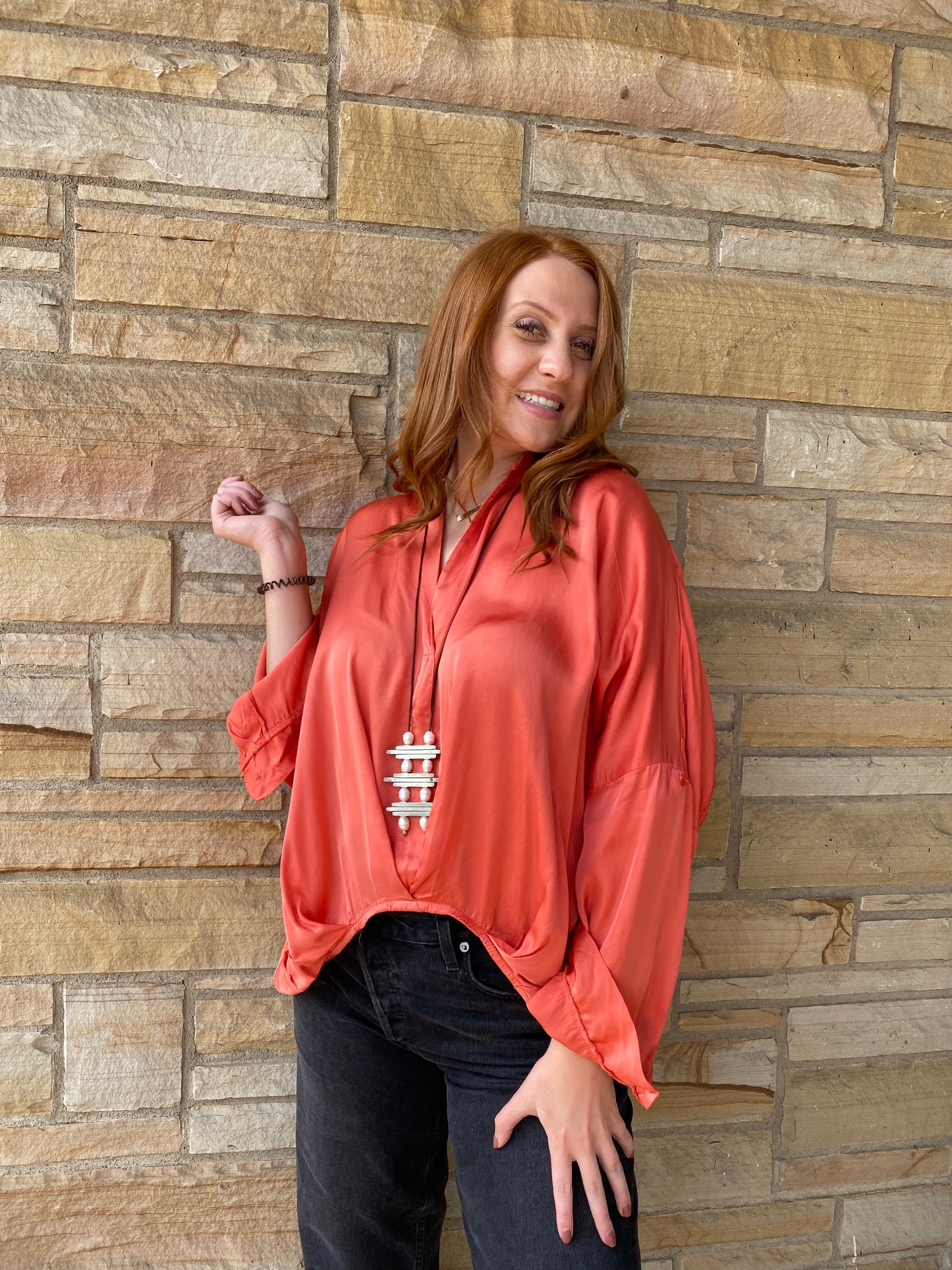 Italian Silky v neck high low top.