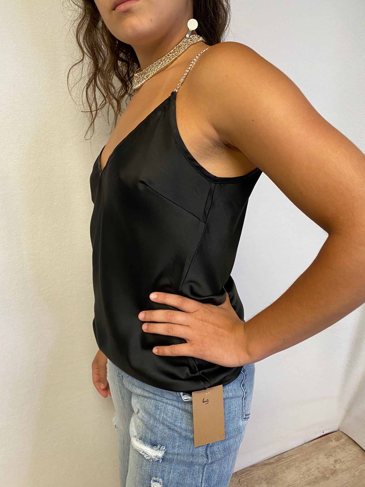 Silky Cami with Rhinestone straps detail.