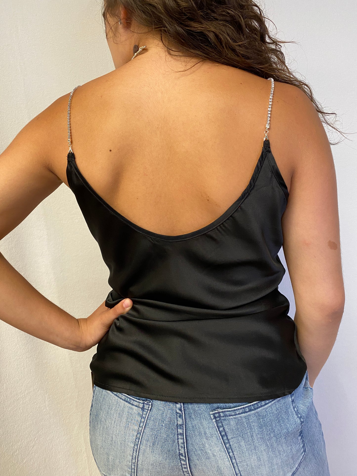 Silky Cami with Rhinestone straps detail.
