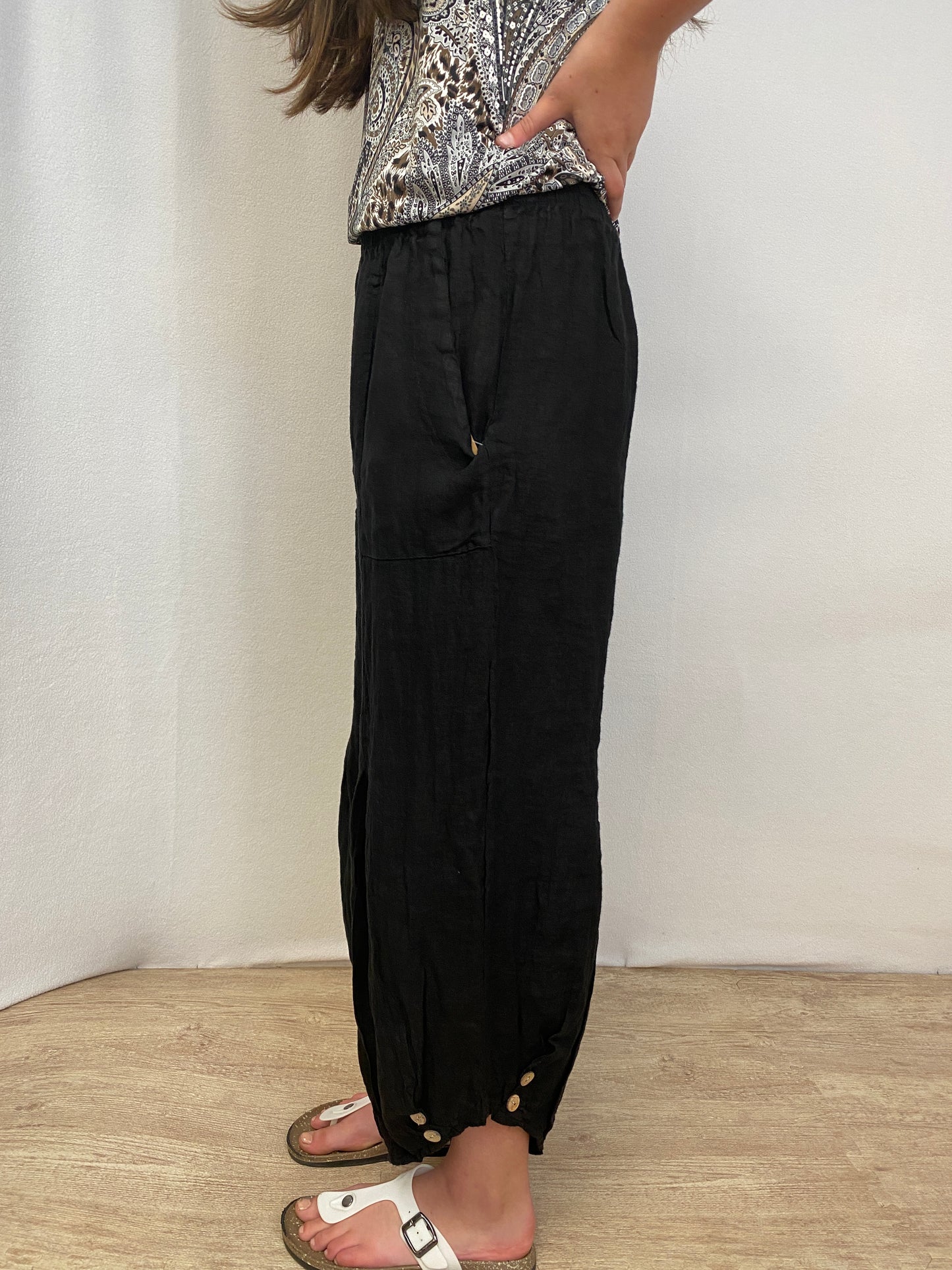 Italian, Linen Pants with button accent.
