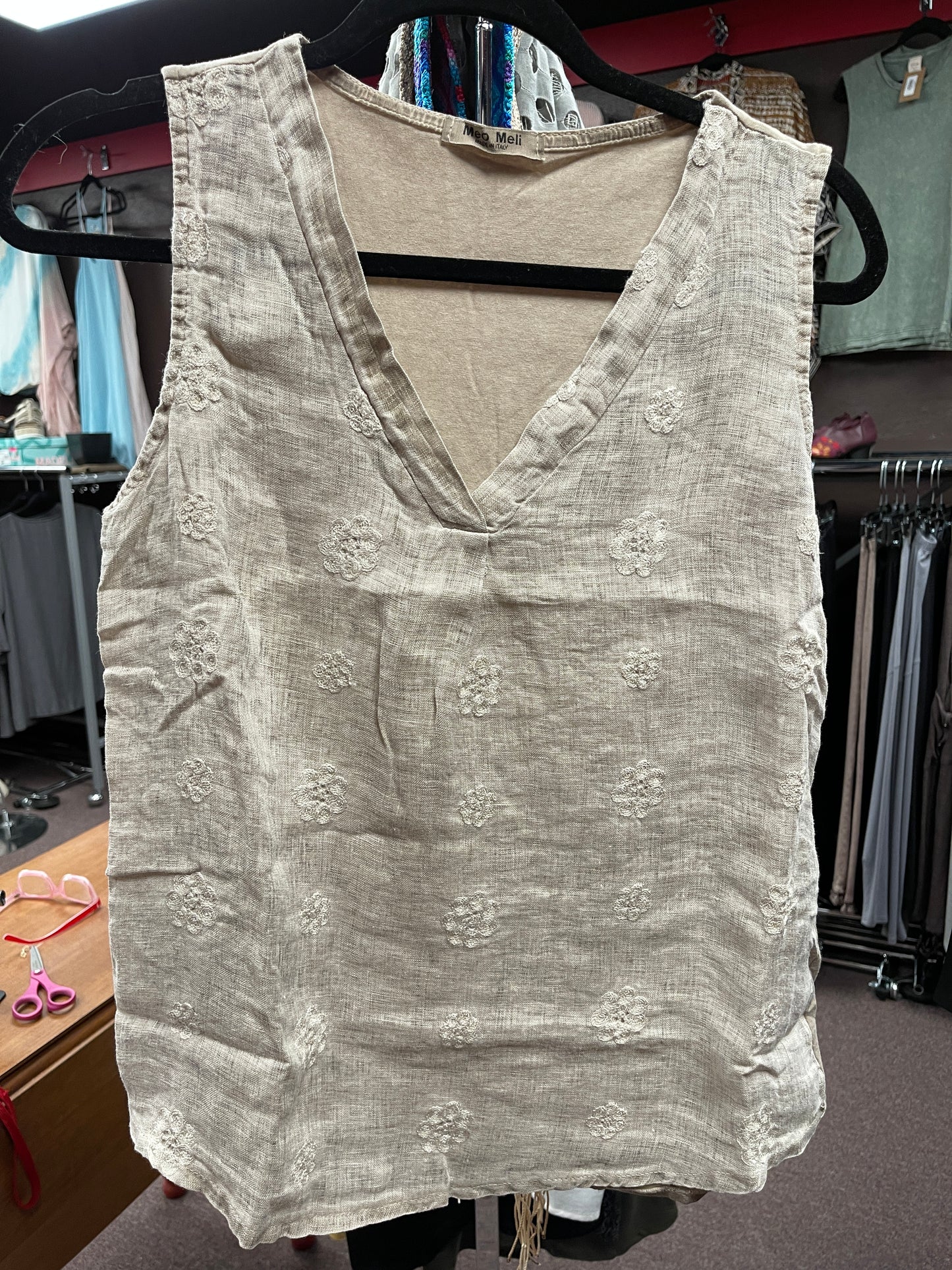 Linen Italian flower embroided top.