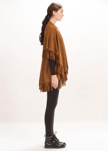 Suede shawl with fringes.