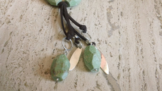 Brown Leather, Green Chrysoprase, and Sterling Silver Adjustable Necklace