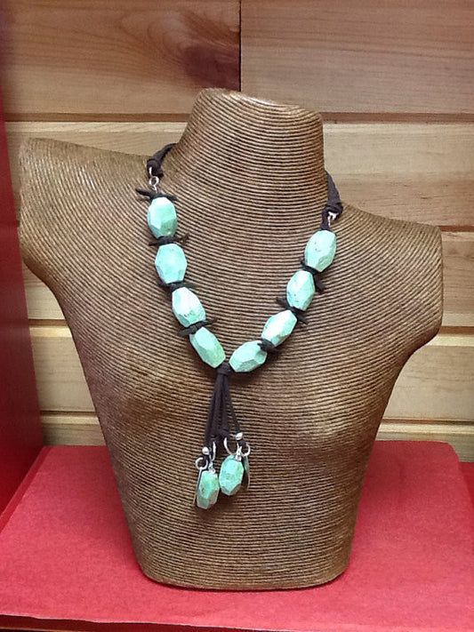 Brown Leather, Green Chrysoprase, and Sterling Silver Adjustable Necklace