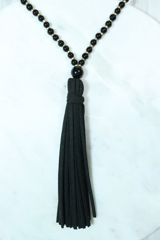 Round Glass Bead Necklace with suede Tassle