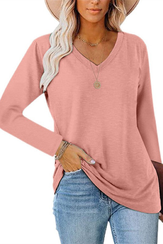V Neck Loose Solid Long Sleeve Top