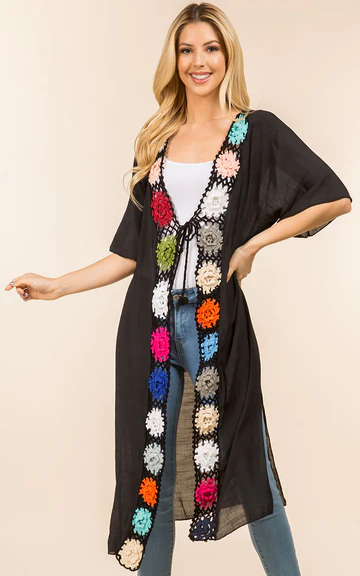 Crochet detail long kimono cardigan