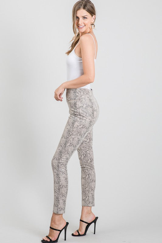 Taupe Snake Suede Zipper Trim Leggings Pants