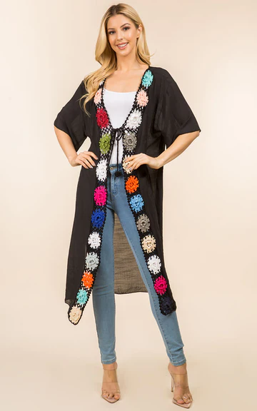 Crochet detail long kimono cardigan