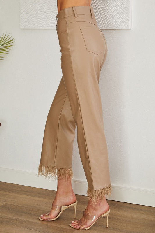 PU Feather Hem Pants