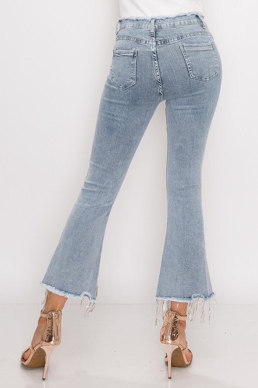 Rhinestone Metal Fringe Denim Pants