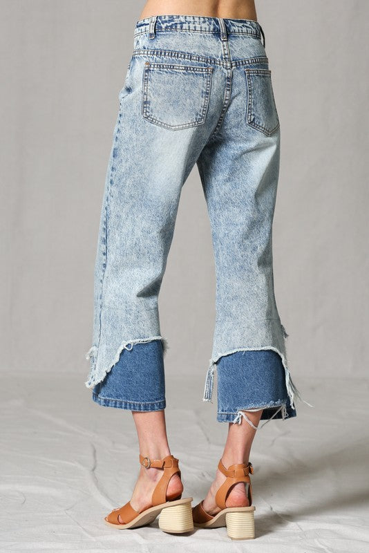 Double layer distressed hem flare jean pants