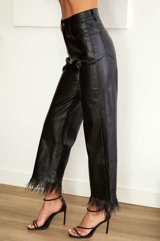 PU Feather Hem Pants