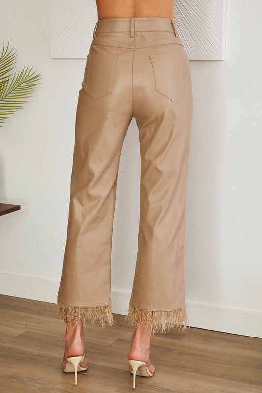 PU Feather Hem Pants