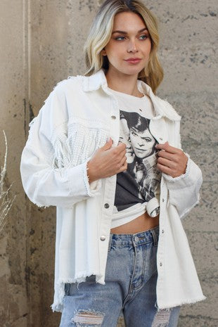 Fringe Shacket with frayed detail.