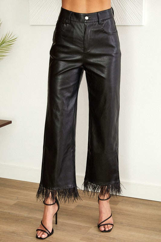 PU Feather Hem Pants