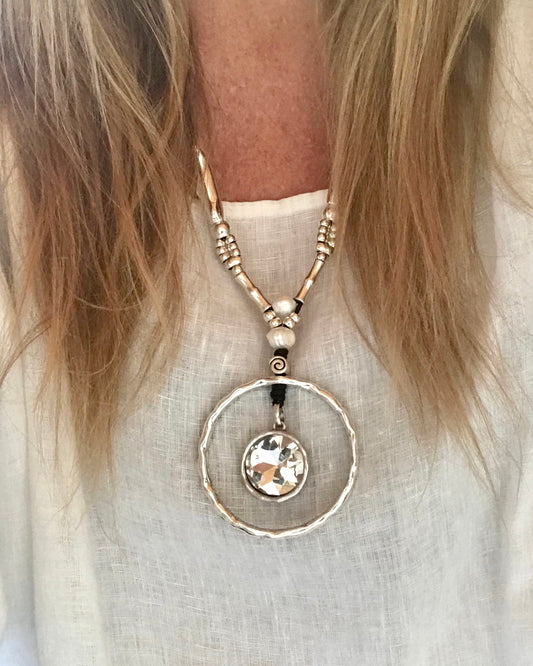Circle Crystal Pendant Leather Necklace