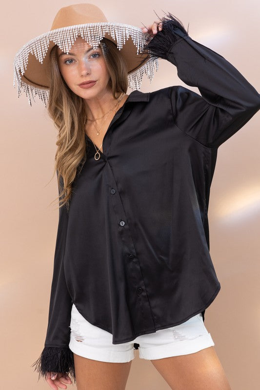 Furry Cuff Satin Shirt Blouse