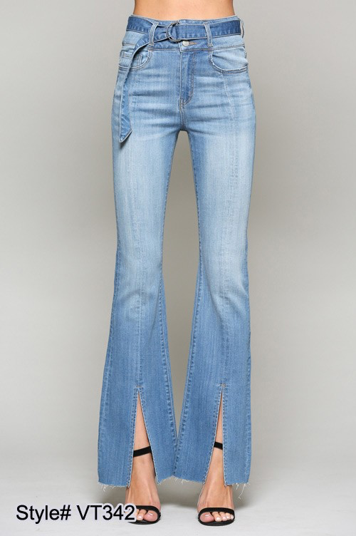 Ultra high belted, triple button, front slit, flair denim pants.
