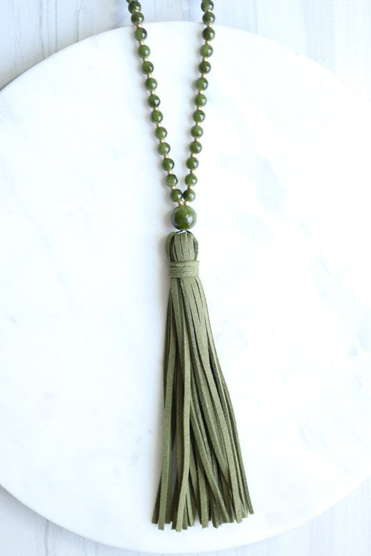 Round Glass Bead Necklace with suede Tassle