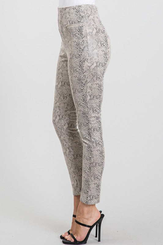 Taupe Snake Suede Zipper Trim Leggings Pants