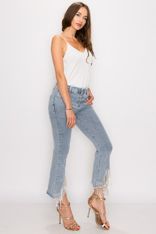 Rhinestone Metal Fringe Denim Pants