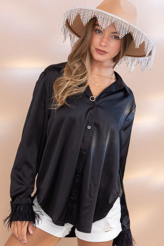 Furry Cuff Satin Shirt Blouse