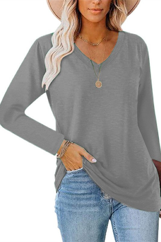 V Neck Loose Solid Long Sleeve Top
