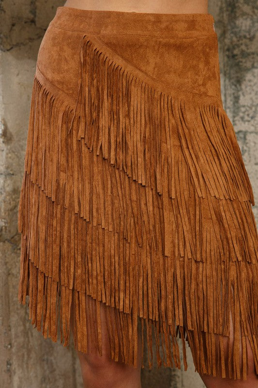 Suede Fringe Twirl Knee Length Skirt