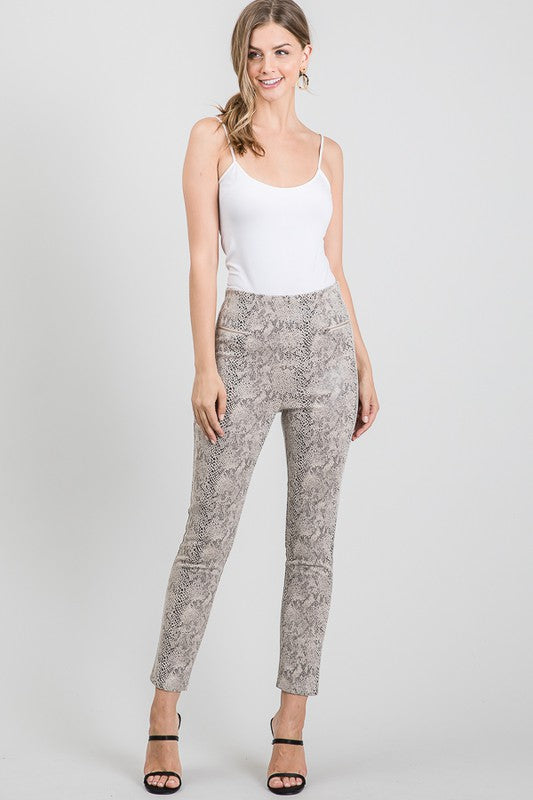 Taupe Snake Suede Zipper Trim Leggings Pants