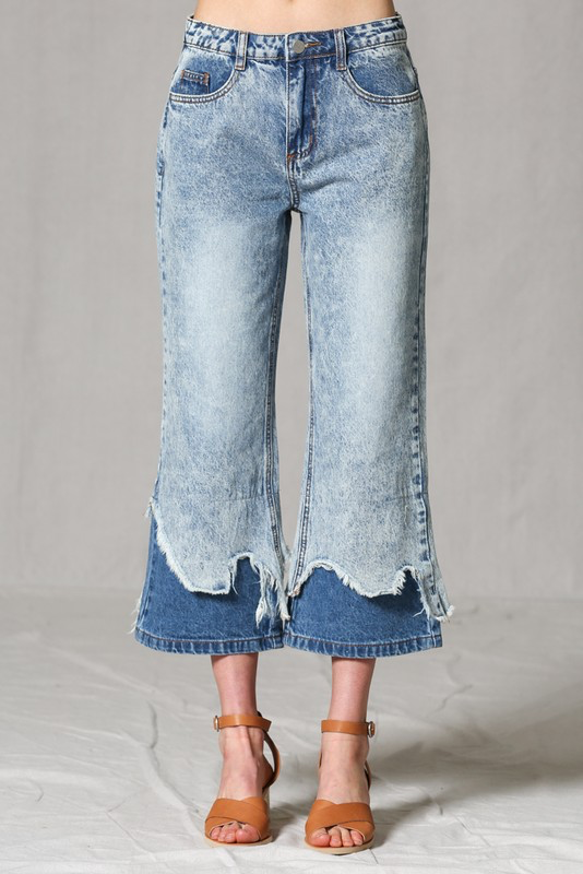 Double layer distressed hem flare jean pants
