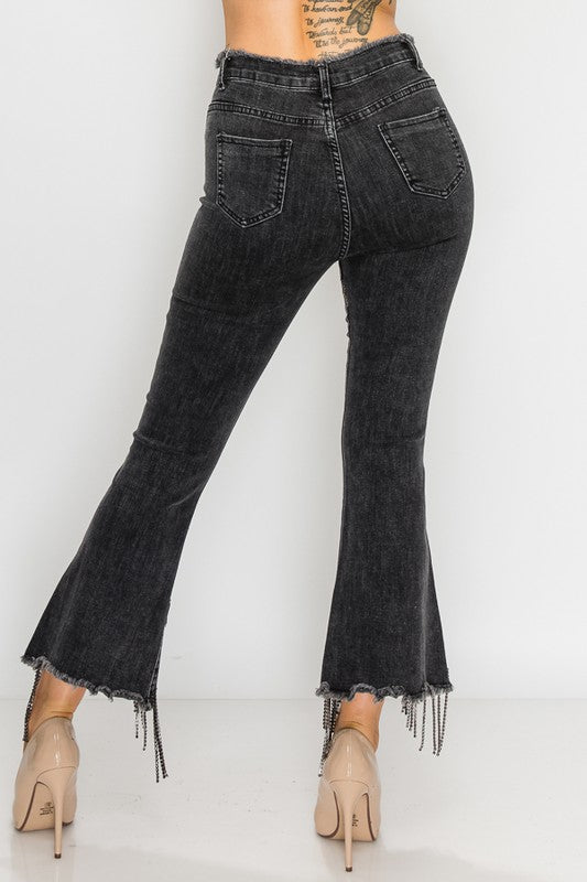 Rhinestone Metal Fringe Denim Pants